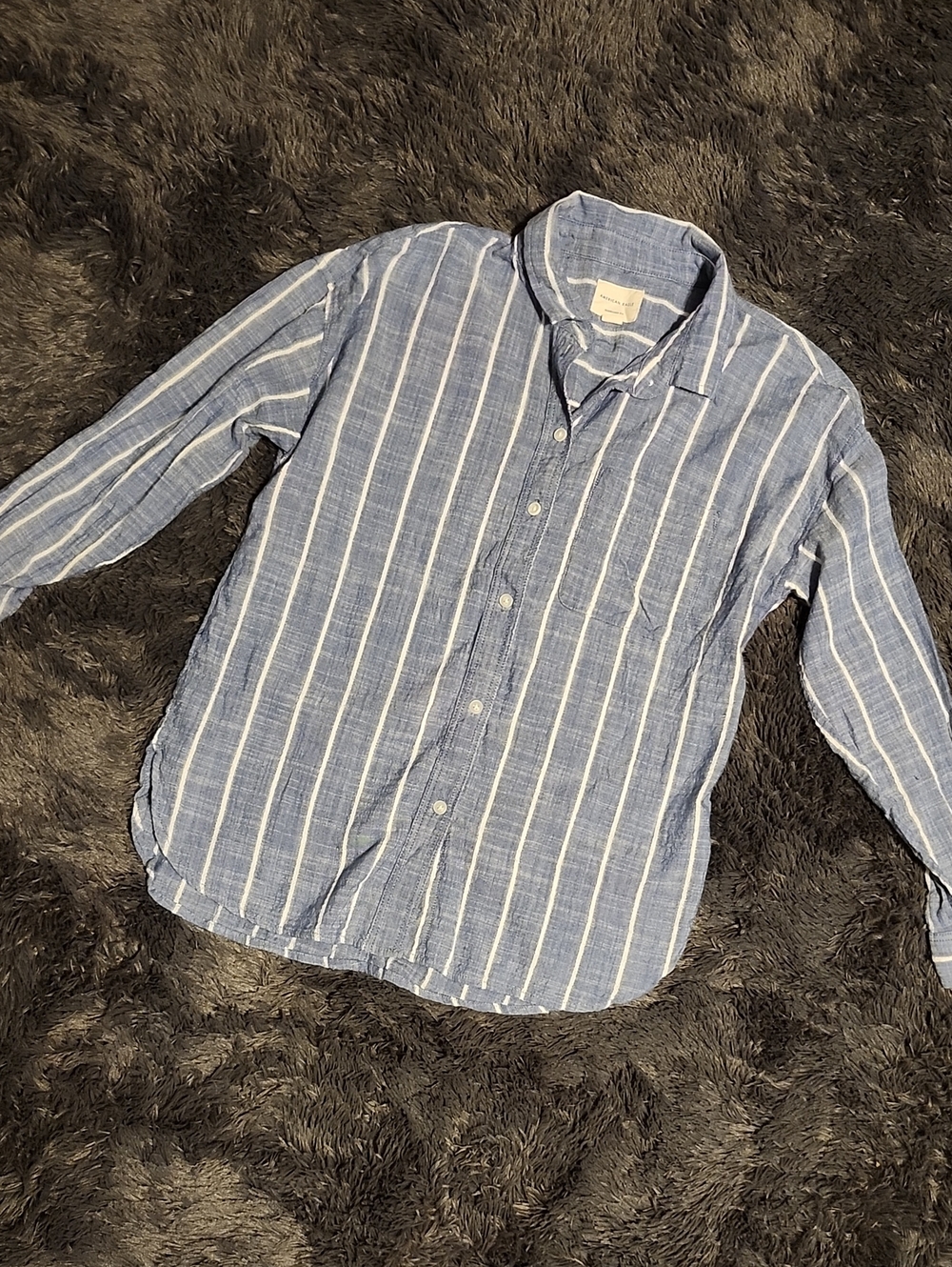 Womans's Blue Vertical-Stripe Linen Blend Shirt